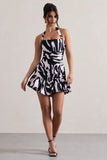 Zahra Zebra Print Halter Neck Ruched Mini Dress With Ruffle Hem