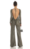 Shimmer Open Back Long Sleeve Jumpsuit in Olive