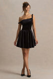 Leticia Black Asymmetric Neck Velvet Mini Dress With Twist Sleeve
