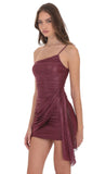 Foil Mesh One Shoulder Tassel Dress in Burgundy