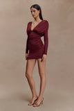Hayden Long Sleeve Plunge Mini Dress Burgundy
