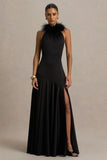 Jemima Black Satin Halter Neck Maxi Dress With Feather Trim