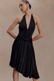 Zelda Asymmetric Slinky Midi Dress Black