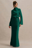 Celina Bottle Green Satin High Neck Maxi Dress