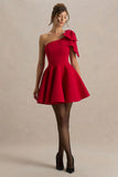 Prosperity Red Asymmetric Neck Mini Dress With Bow Detail