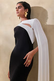 Dabria Black And White Asymmetric Neck Maxi Dress With Cape Sleeve