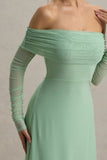 Flatter Me Light Green Bardot Midi Dress With Mesh Sleeves