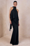 Vayla Black Matte Satin Asymmetric Drop Waist Maxi Skirt