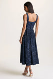 Lima Navy Sequin Square Neck A Line Midi Dress
