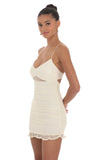 Dotted Mesh Ruched Dress in Cream