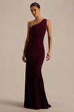 Zya Dark Plum Asymmetric Neck Fishtail Maxi Dress