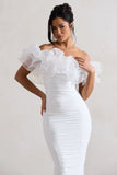Ladylike White Ruched Bardot Midi Dress With Organza Trim