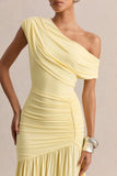 Kady Lemon Asymmetric Neck Maxi Dress With Ruched Detailing