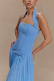 Stacie Pleated Halter Maxi Dress Bright Blue