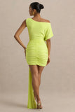 Marci Lime Green Asymmetric Ruched Mini Dress With Sash