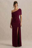 Dynasty Burgundy Asymmetric Neck Maxi Dress With Ruched Detailing And Front High Split