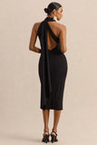 Devinae Black Asymmetric Neck Midi Dress With Open Back And Scarf Detail