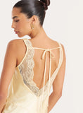 Yellow Satin Backless Lace Trim Maxi Dress