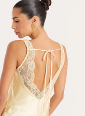 Yellow Satin Backless Lace Trim Maxi Dress