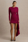 Zaya Burgundy Long Sleeve Mini Dress With Drape