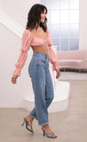 Sarah Puff Sleeve Front Tie Crop In Blush Chiffon Polka Dots