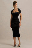 Chrissy Black Velvet Square Neck Midi Dress With Mesh Sleeves And Ruched Detailing