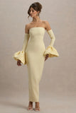 Myah Lemon Bandeau Long Sleeve Maxi Dress With Puff Cuffs