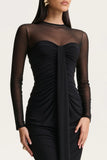 Cadenza Black Crew Neck Maxi Dress With Mesh And Gathered Detailing
