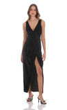 Velvet V Neck Slit Maxi Dress in Black