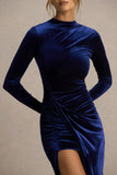 Wishes Navy Velvet High Neck Maxi Dress With Wrap Skirt