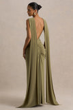 Premiere Olive Boat Neck Maxi Dress With Cape Sleeves And Open Back