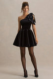 Keeley Black Asymmetric Neck Velvet Mini Dress With Bow Detail