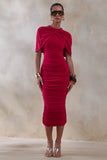 Parisia Red Round Neck Midi Dress With Cape Detail
