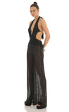 Sequin Plunge Halter Jumpsuit in Black