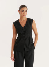 Black Cinched Waist Tailored Waistcoat