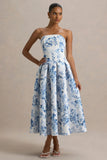 Alaina Blue Porcelain Print Bandeau Midi Dress With Volume Skirt