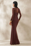 Renalia Brown Square Neck Maxi Dress With Mesh Long Sleeves