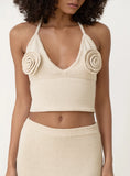 Cream Knit Corsage Halterneck Top