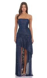 Foil Mesh Asymmetrical High Low Maxi Dress in Navy