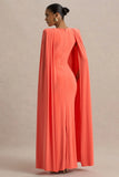 Mimi Coral High Neck Maxi Dress With Cape Sleeve Detail
