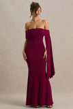 Saffina Burgundy Bardot Neck Maxi Dress With Sash Detail