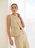 Beige Tailored Tie Waist Detail Wrap Front Top