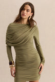 Anavine Olive Round Neck Mini Dress With Long Sleeves And Draped Detailing