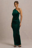 Treat Bottle Green Velvet Asymmetric Neck Maxi Dress With Ruched Detailing