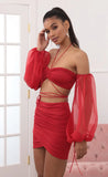 Long Sleeve Off Shoulder Two Piece Set in Red