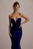 Pacifica Cobalt Velvet Plunge Neck Strapless Maxi Dress