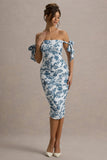 Citrus Blue Porcelain Print Bardot Bodycon Midi Dress With Bow Sleeves