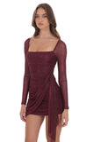 Foil Mesh Long Sleeve Tassel Dress in Burgundy