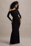 Deanna Black Asymmetric Long Sleeve Ruched Maxi Dress