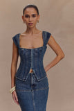 Loretta Cap Sleeve Denim Top Washed Dark Blue